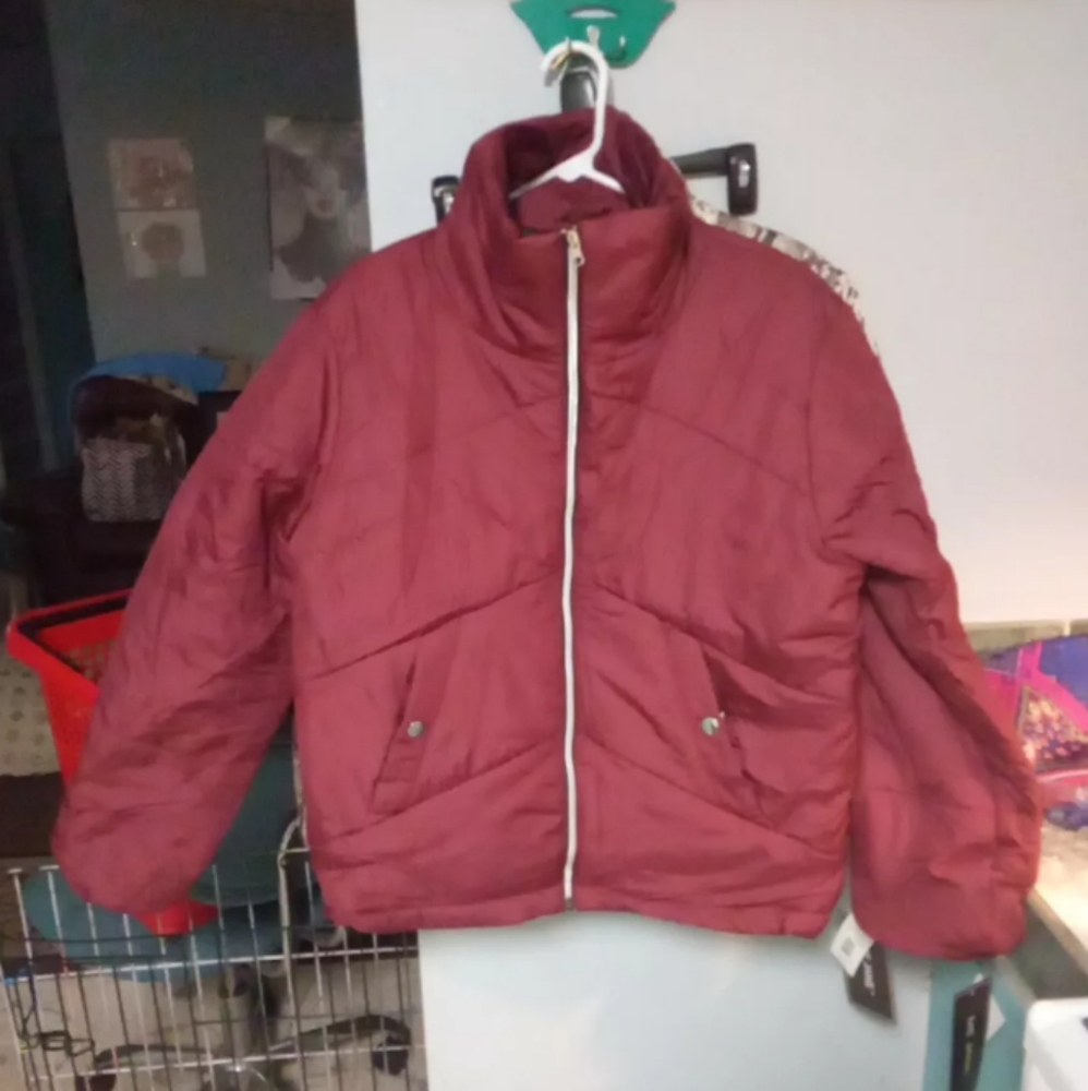 NWT Me Jane Women wine Zip Up Long Sleeve Drawstring Hem Puffer Jacket Lg